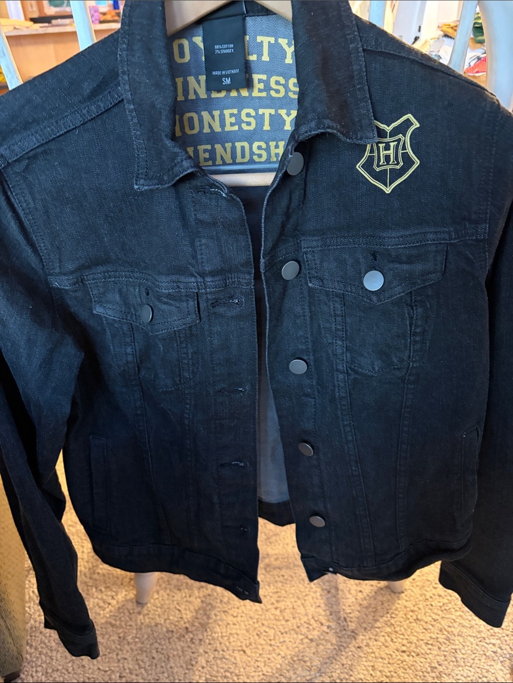 Harry Potter, black denim jacket, Hufflepuff women’s small like new EUC official